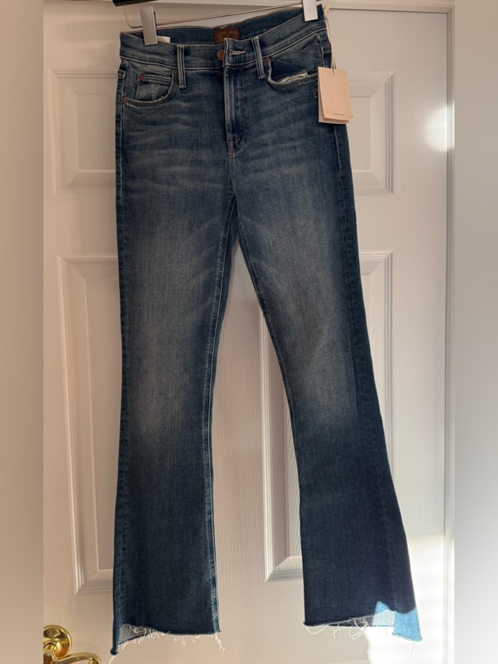 NWTA MOTHER Dark Mid-Blue Flared Jeans with Raw Hem, Size 25